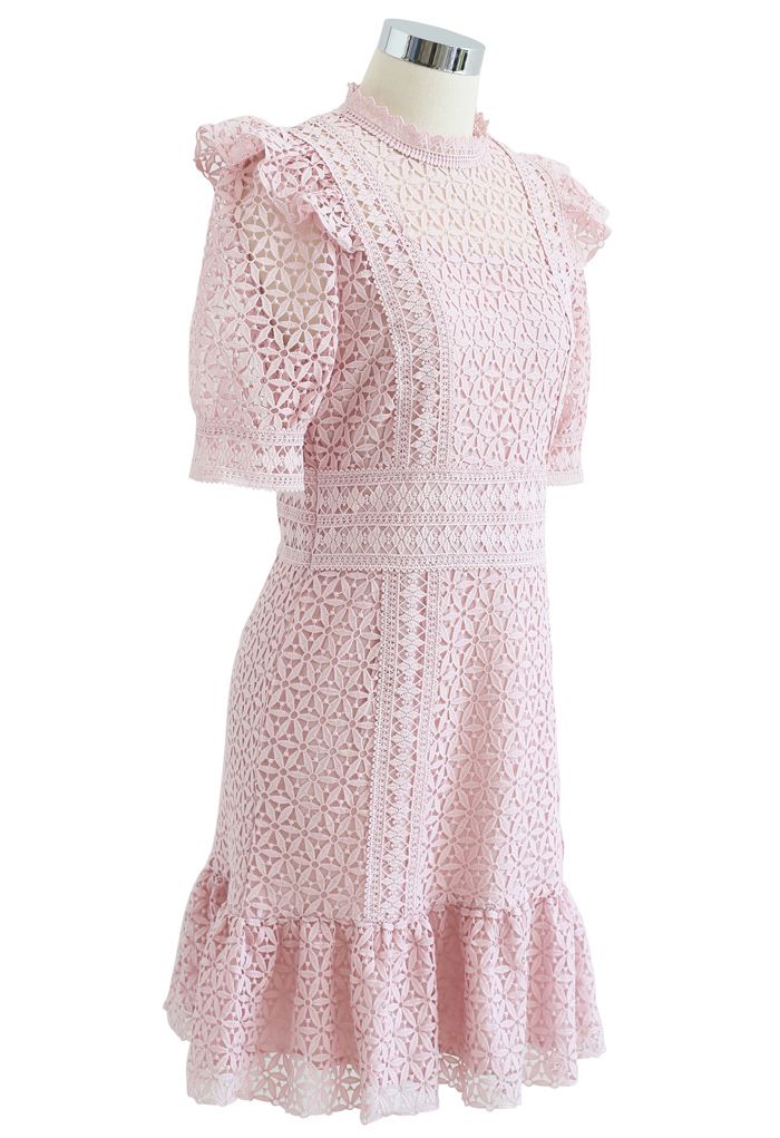 High Neck Full Crochet Mini Dress in Pink