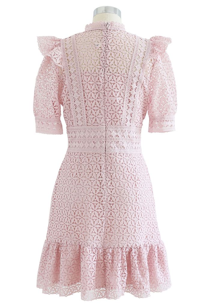 High Neck Full Crochet Mini Dress in Pink