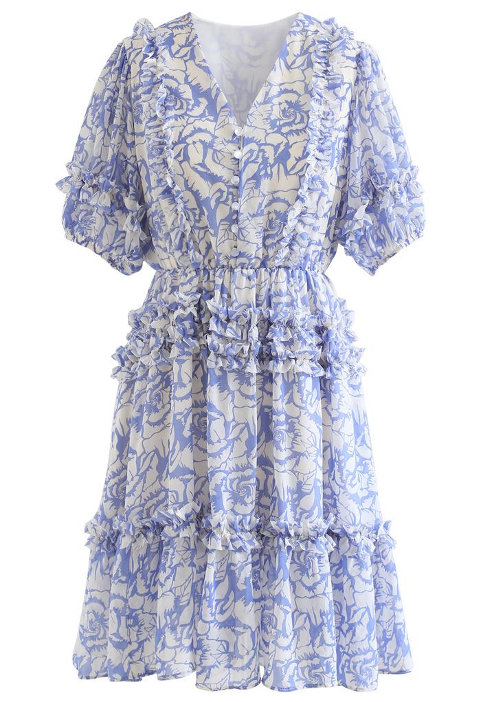 Rose Print Ruffle Detail Chiffon Dress in Blue