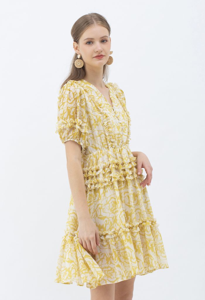 Rose Print Ruffle Detail Chiffon Dress in Mustard