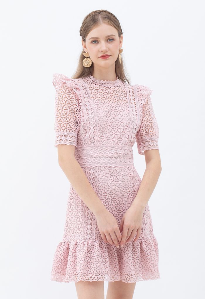 High Neck Full Crochet Mini Dress in Pink