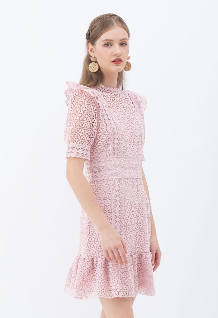 High Neck Full Crochet Mini Dress in Pink