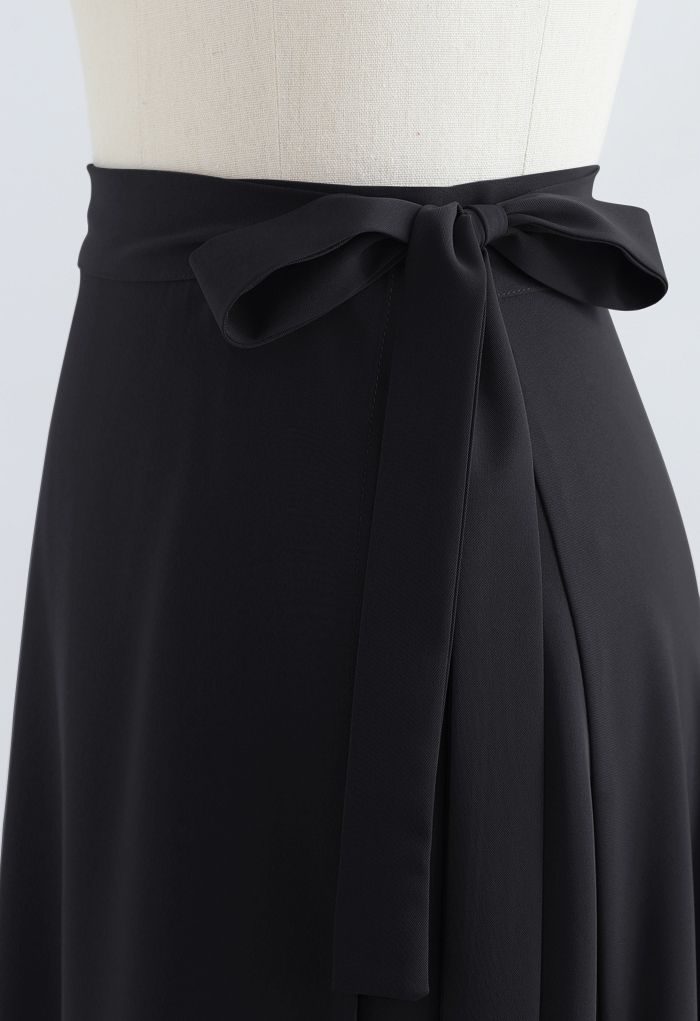 Tie Waist Wrap Midi Skirt in Black