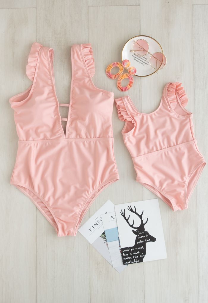 Solid Pink Ruffle Detail Swimsuit for Mommy & Kids