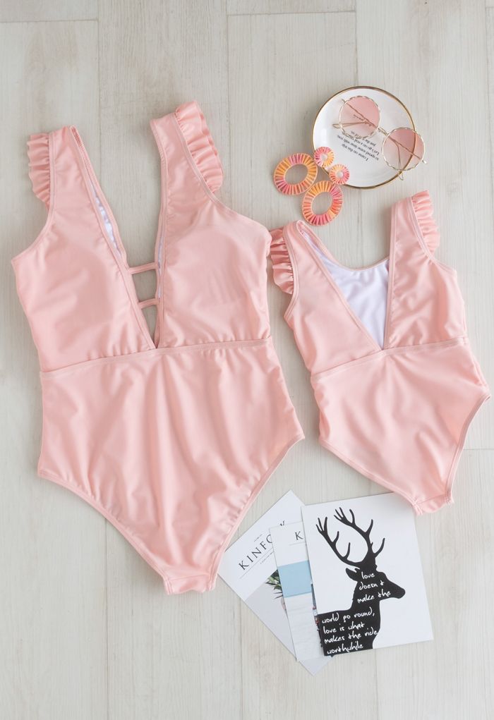 Solid Pink Ruffle Detail Swimsuit for Mommy & Kids