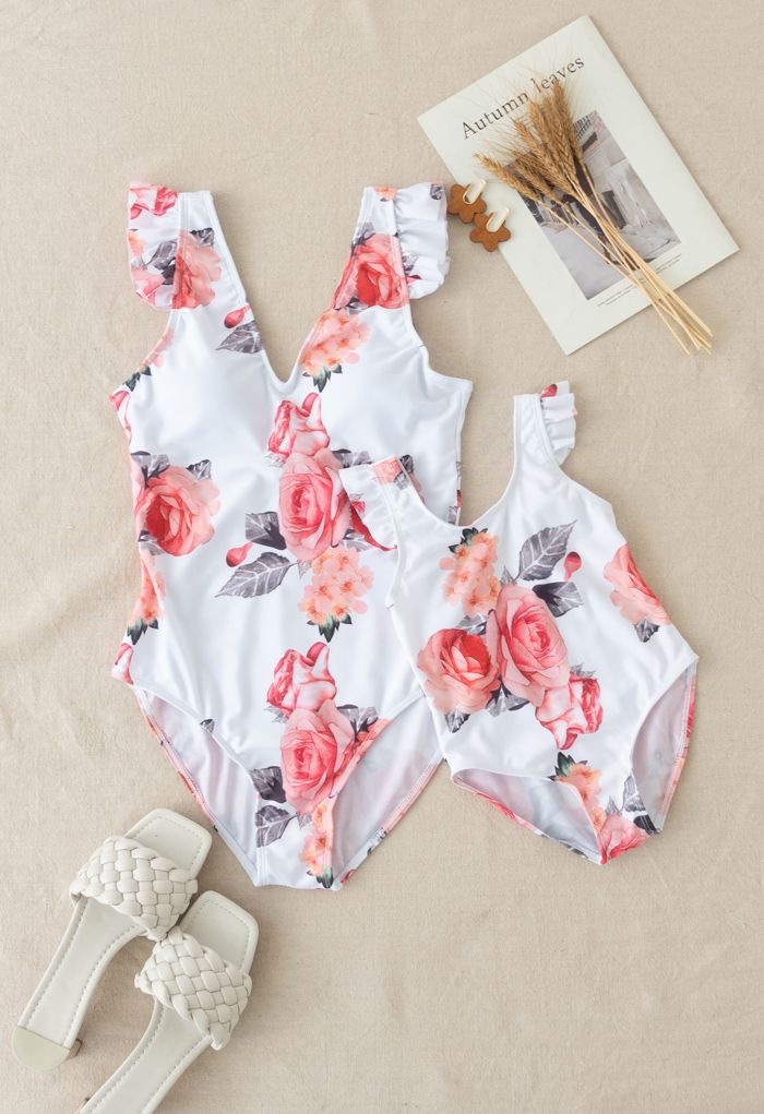 Rose Print Ruffle Detail Swimsuit for Mommy & Kids