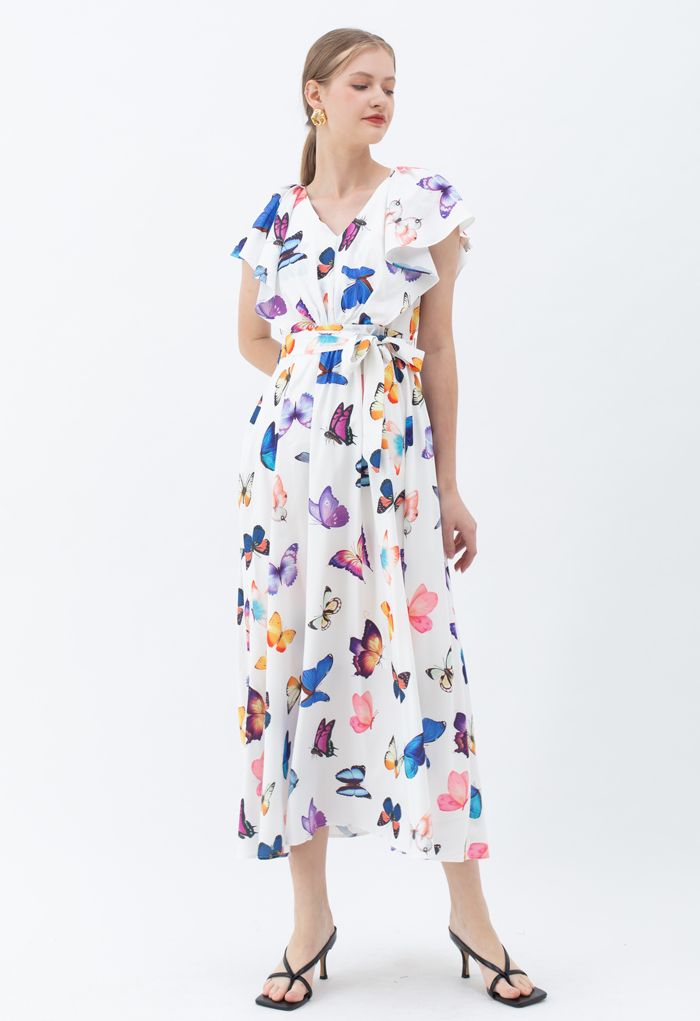 Butterfly Print Self-Tie Sleeveless Maxi Dress