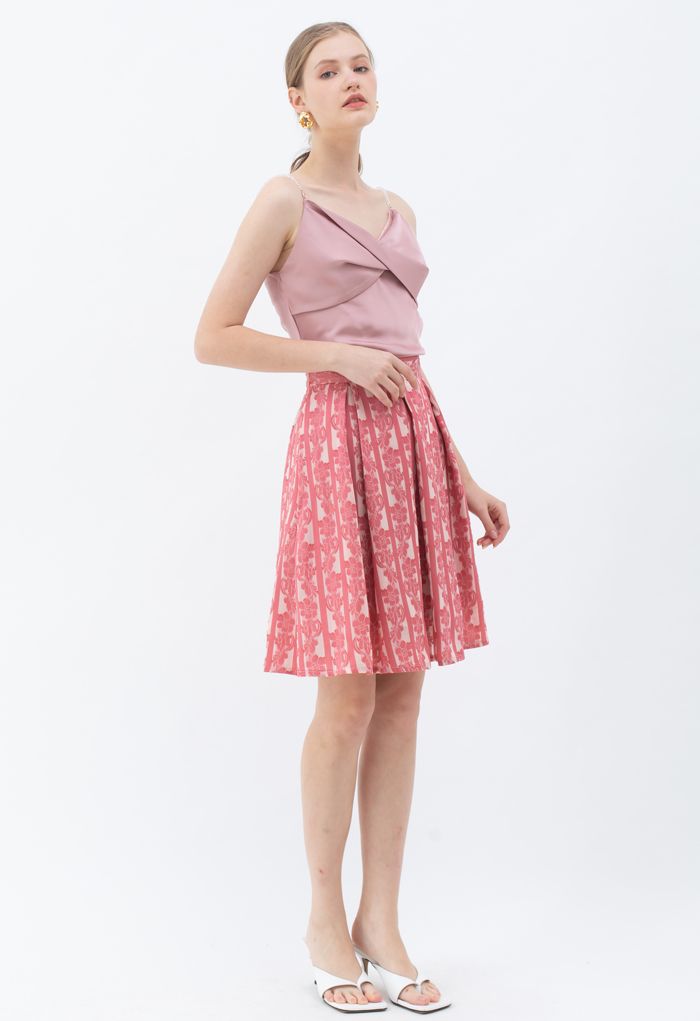 Floral and Stripes Jacquard Pleated Skirt