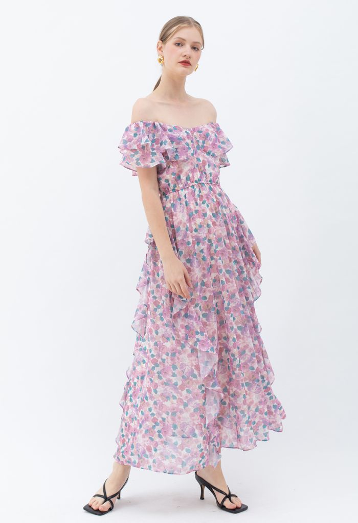Lilac Floral Asymmetric Ruffle Off-Shoulder Maxi Dress