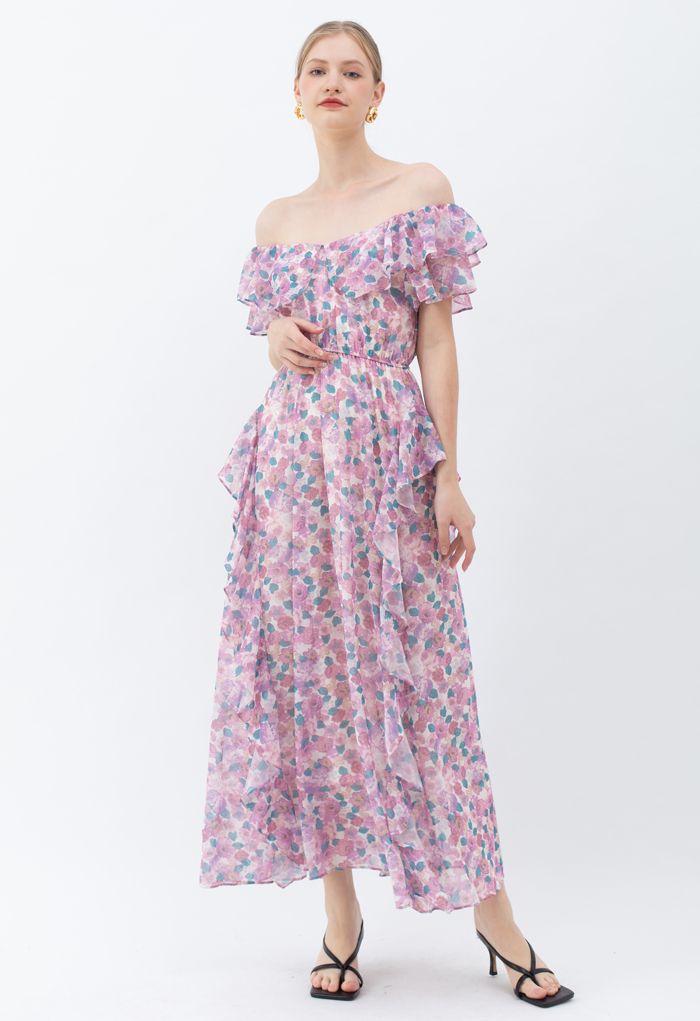 Lilac Floral Asymmetric Ruffle Off-Shoulder Maxi Dress