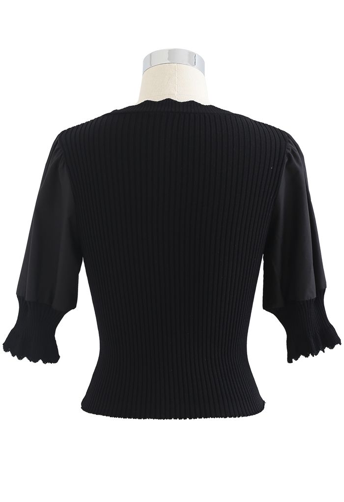 Spliced Mid Sleeve Fitted Knit Top in Black