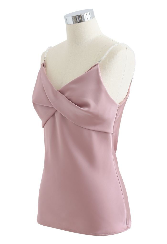 Crystal Straps Twist Bust Cami Tank Top in Pink