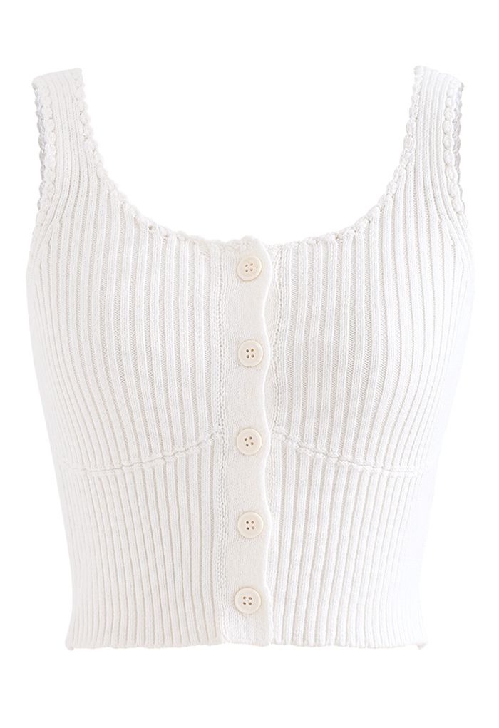 Ribbed Knit Buttoned Crop Tank Top in White