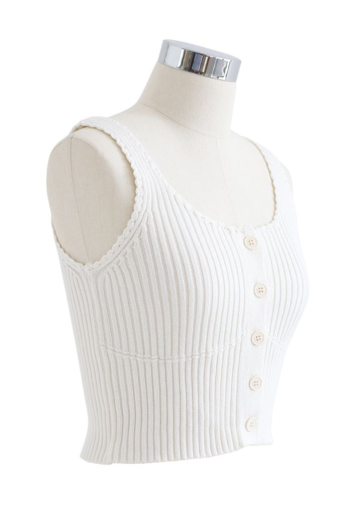 Ribbed Knit Buttoned Crop Tank Top in White