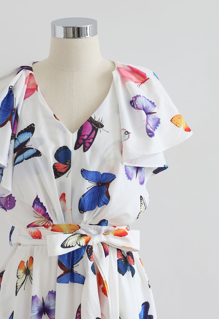 Butterfly Print Self-Tie Sleeveless Maxi Dress