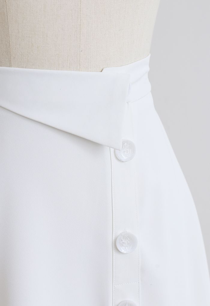 Button Decorated Asymmetric Midi Skirt in White