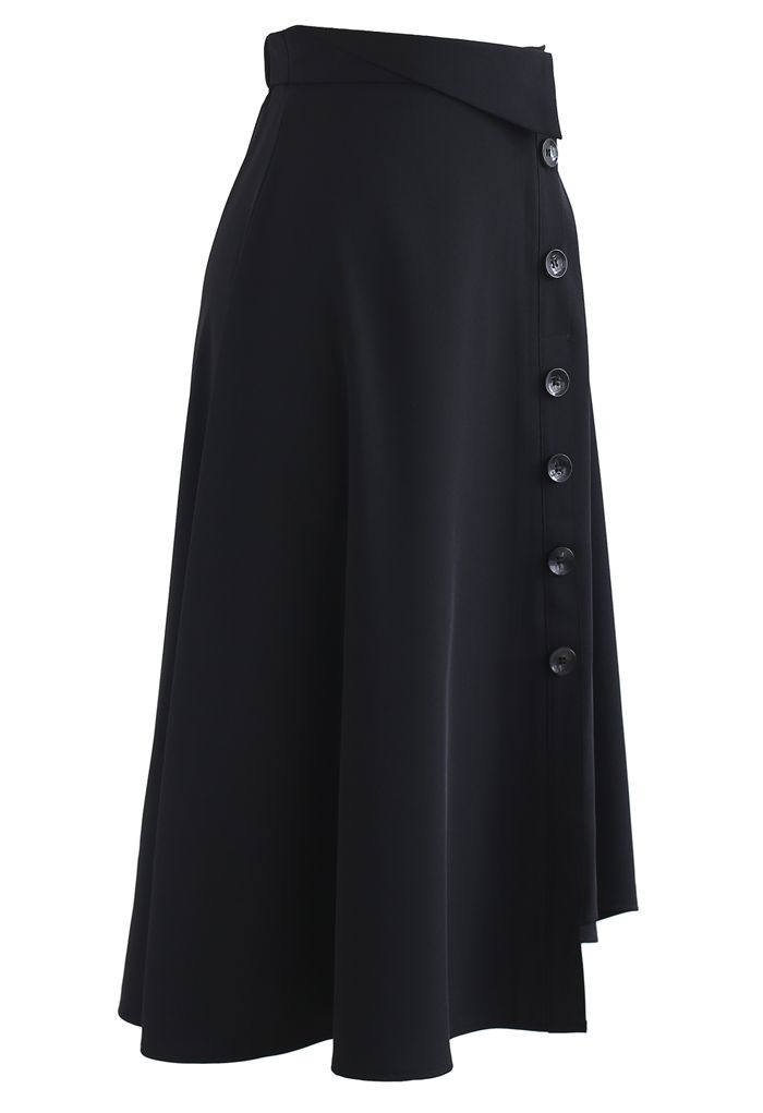 Button Decorated Asymmetric Midi Skirt in Black