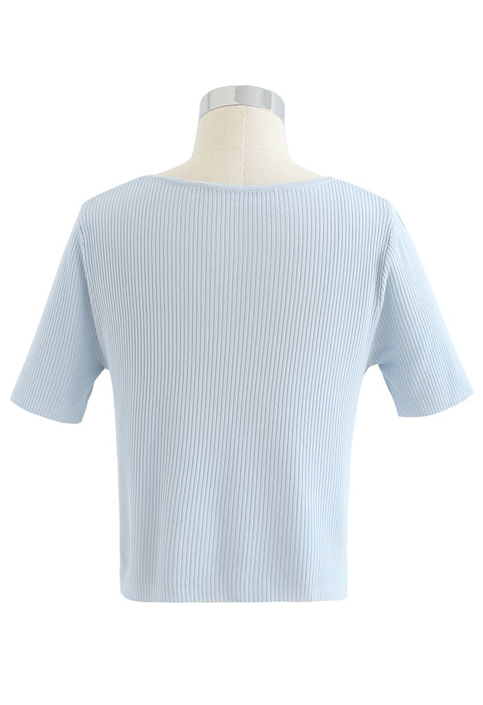 Buttoned V-Neck Short Sleeve Rib Knit Top in Baby blue