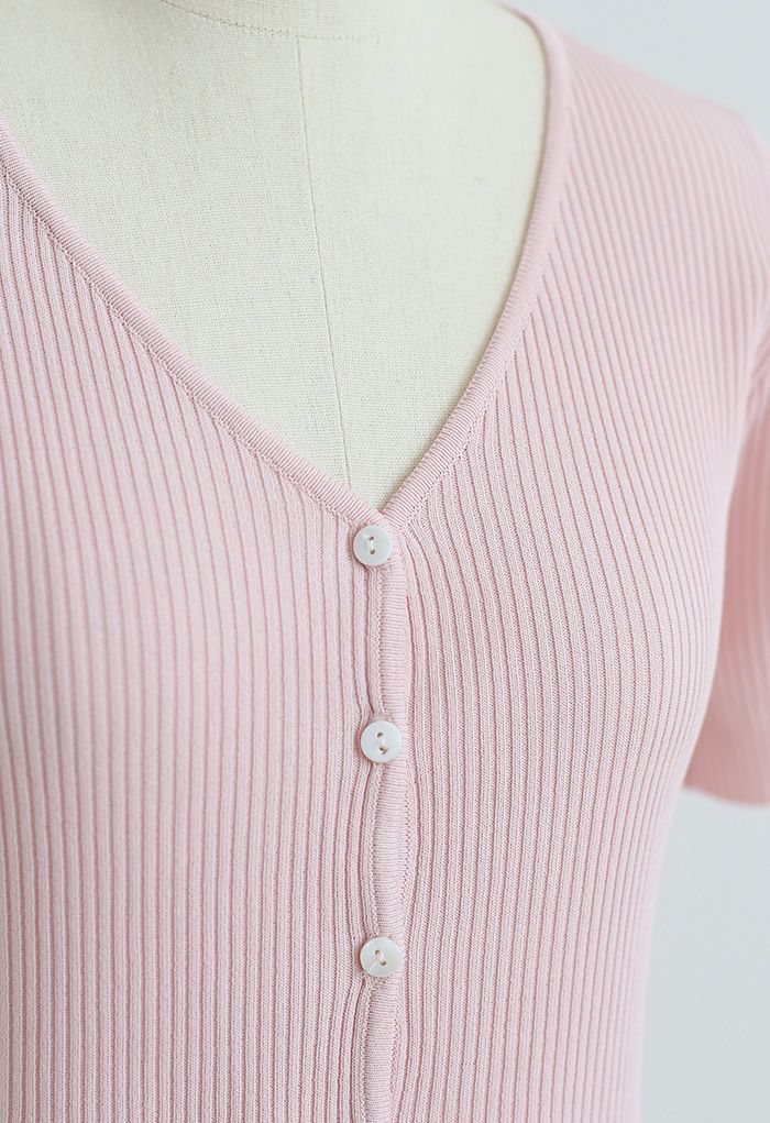 Buttoned V-Neck Short Sleeve Rib Knit Top in Pink
