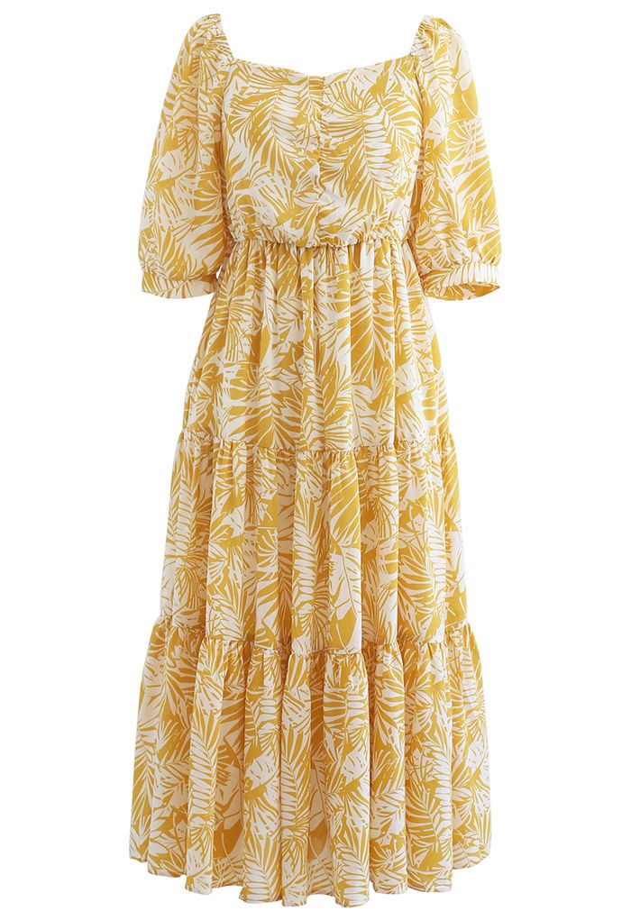 Mustard Palm Leaf Print Frilling Midi Dress