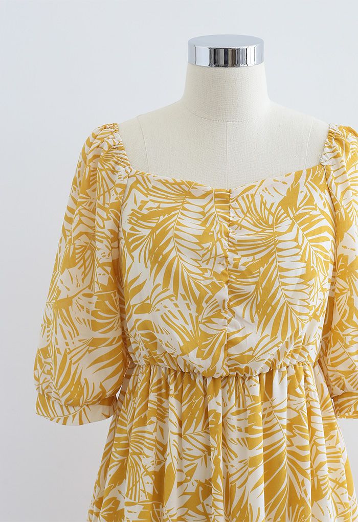 Mustard Palm Leaf Print Frilling Midi Dress