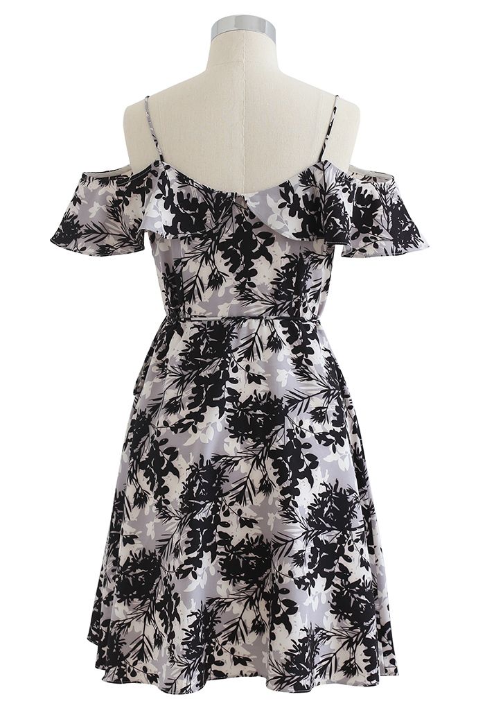 Midnight Leaves Printed Asymmetric Wrapped Cami Dress