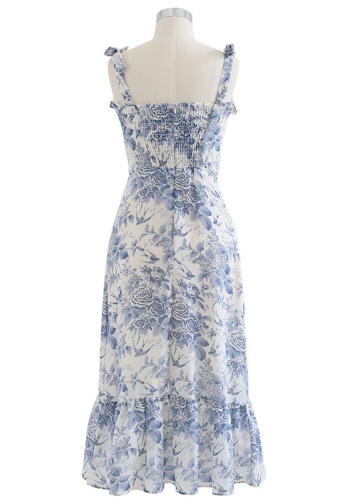 Swallow and Rose Printed Tie-Strap Midi Dress - Retro, Indie and Unique ...