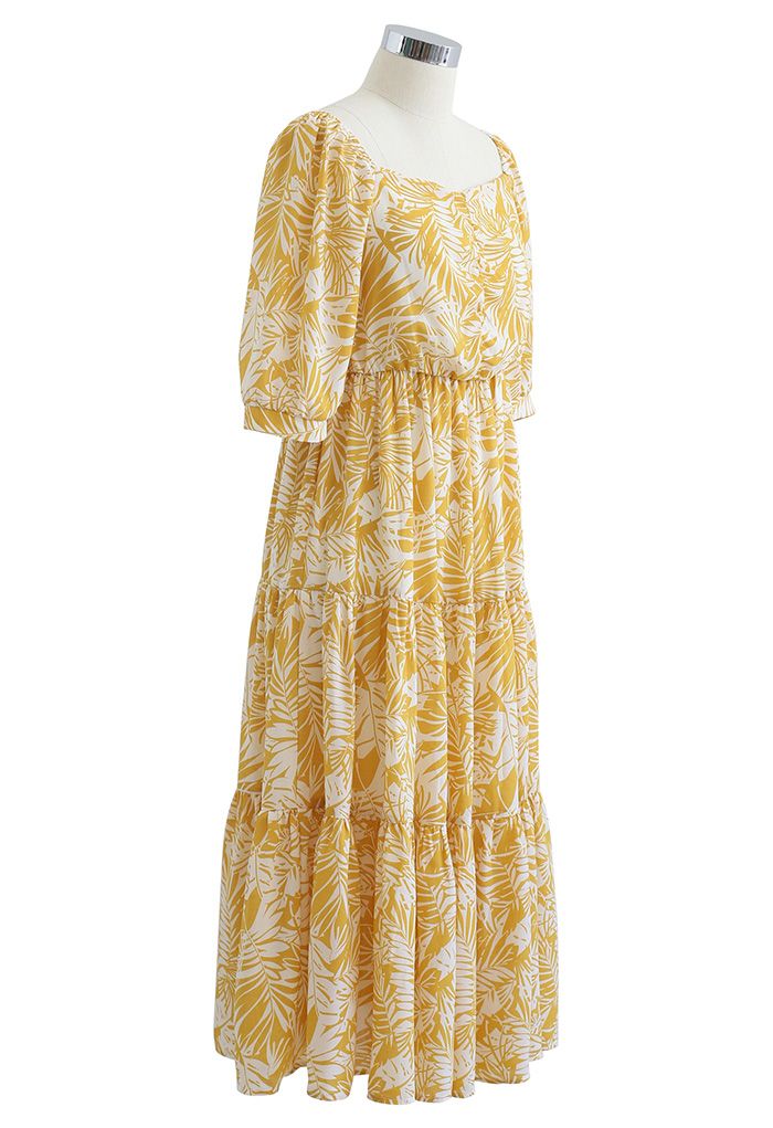 Mustard Palm Leaf Print Frilling Midi Dress