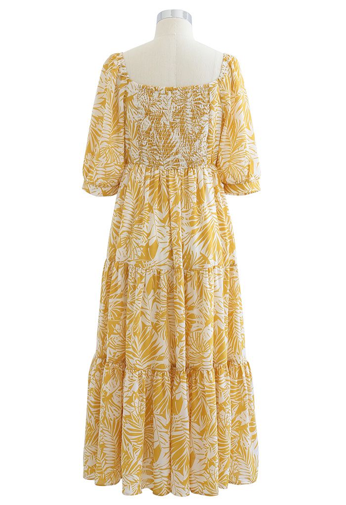 Mustard Palm Leaf Print Frilling Midi Dress