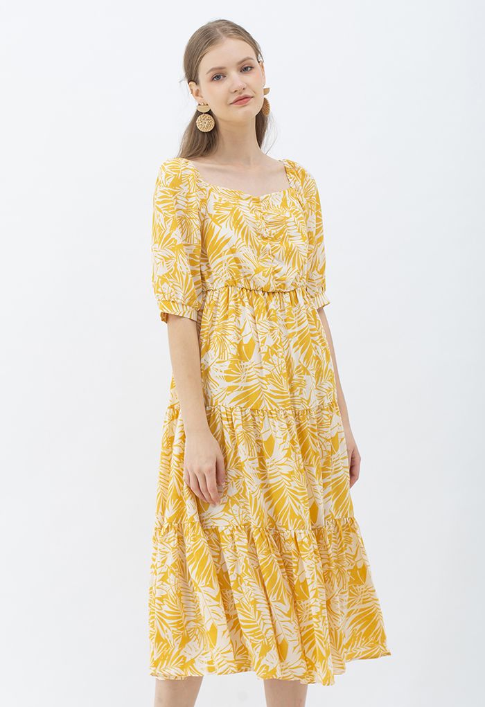 Mustard Palm Leaf Print Frilling Midi Dress