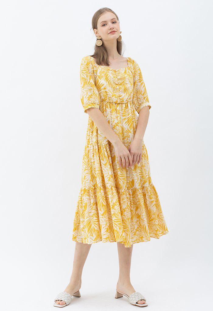 Mustard Palm Leaf Print Frilling Midi Dress