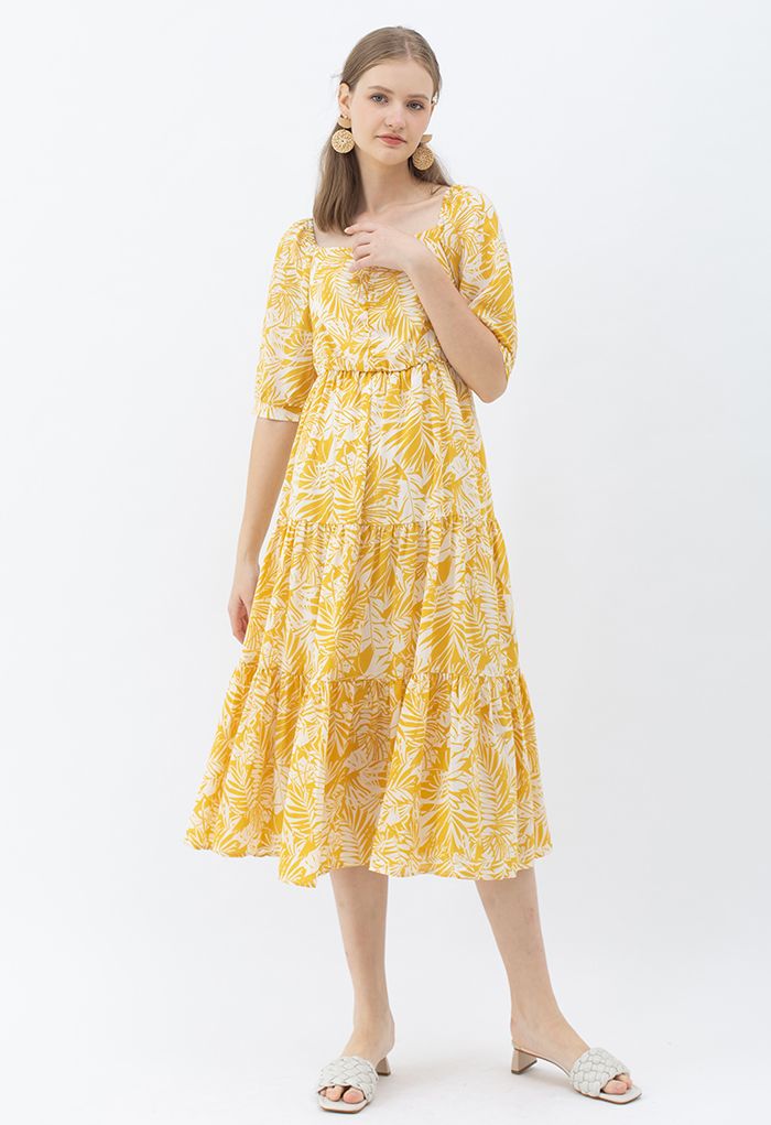 Mustard Palm Leaf Print Frilling Midi Dress