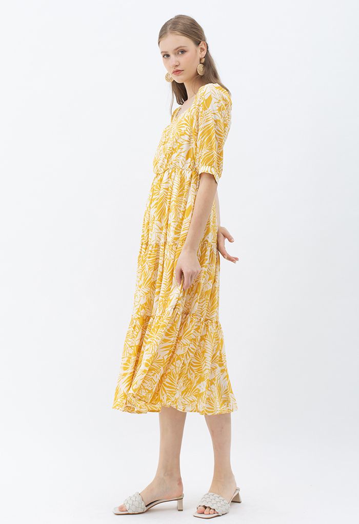 Mustard Palm Leaf Print Frilling Midi Dress