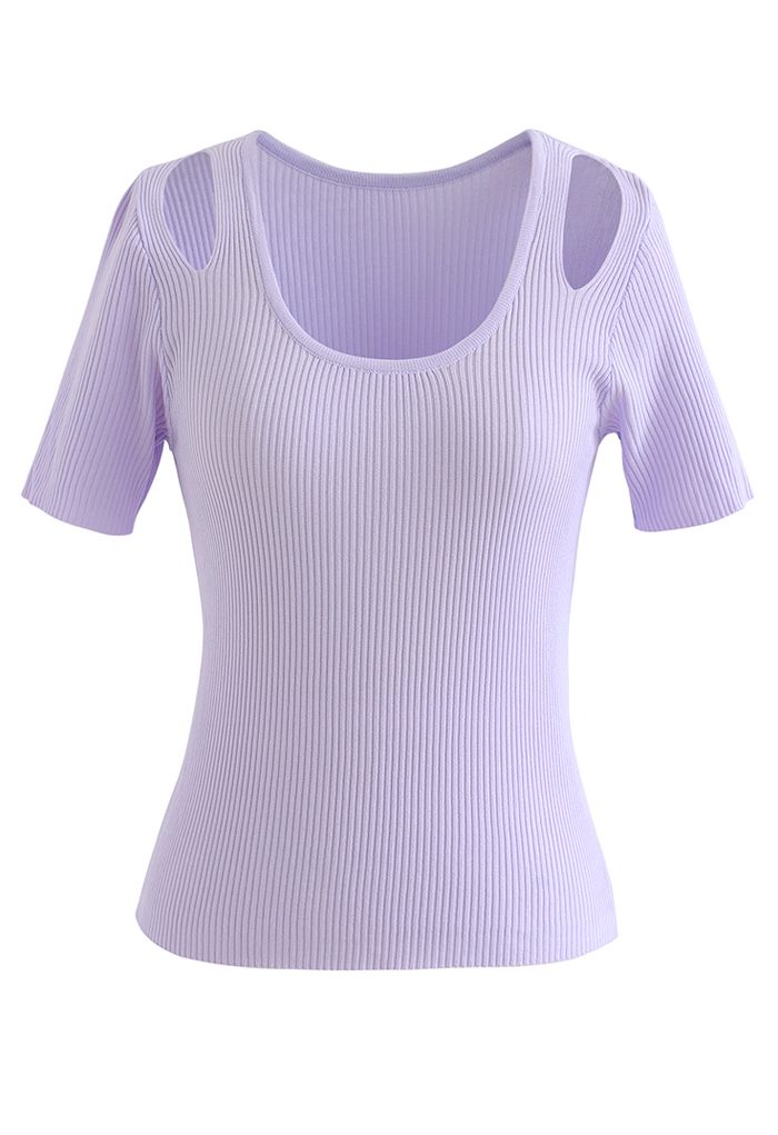 Cut Out Shoulder Ribbed Knit Top in Lilac