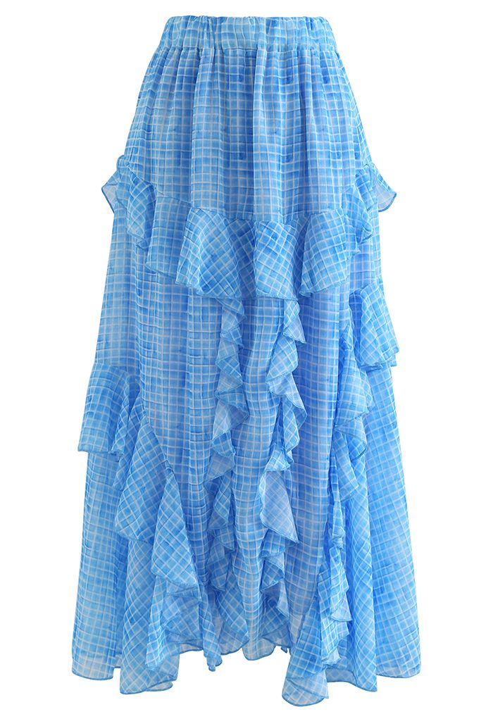 Ruffle Decorated Gingham Maxi Skirt in Blue