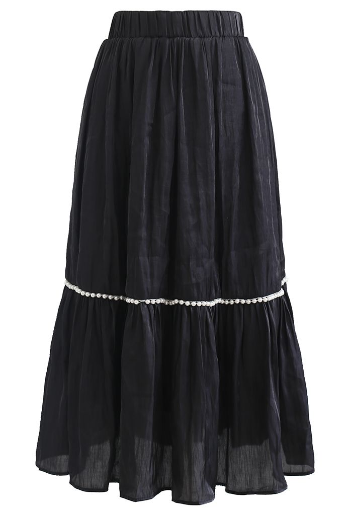 Shimmer Satin Pearly Midi Skirt in Black