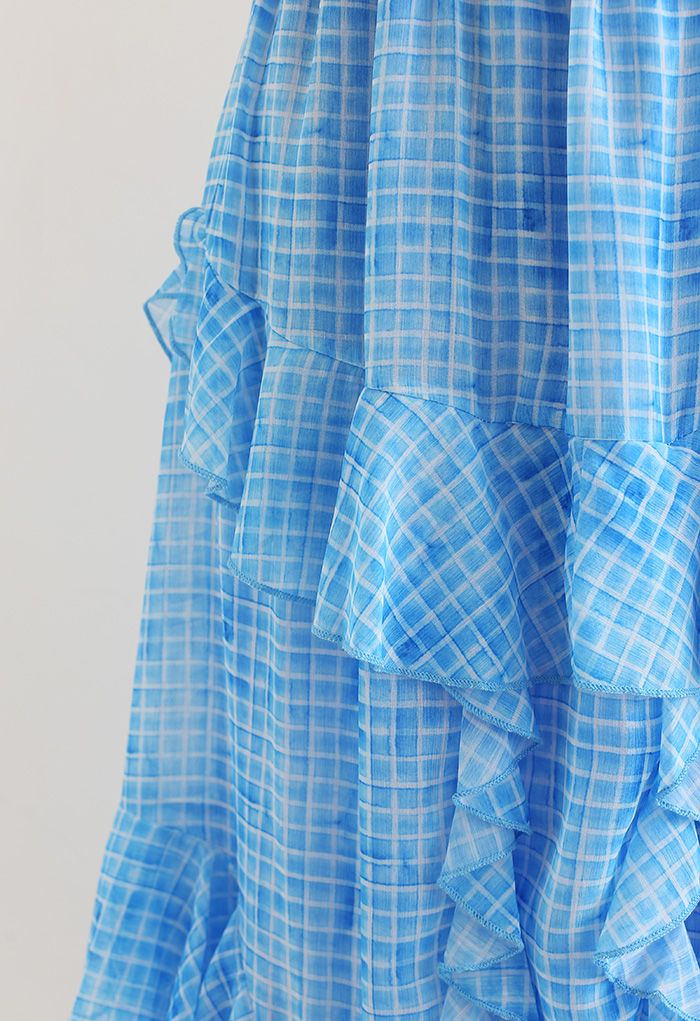 Ruffle Decorated Gingham Maxi Skirt in Blue