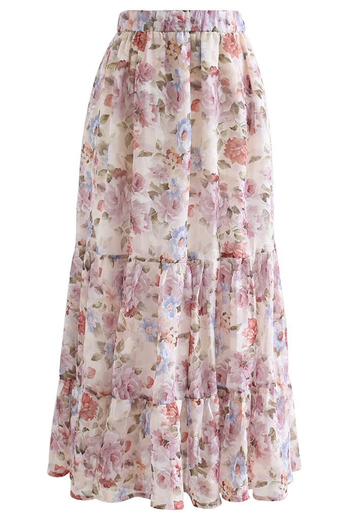 Romantic Blossom Floral Jacquard Frill Hem Maxi Skirt