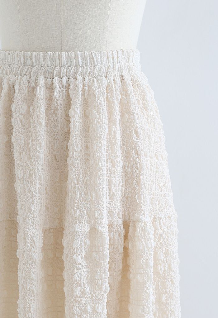 Full of Embossing Frill Hem Midi Skirt in Cream