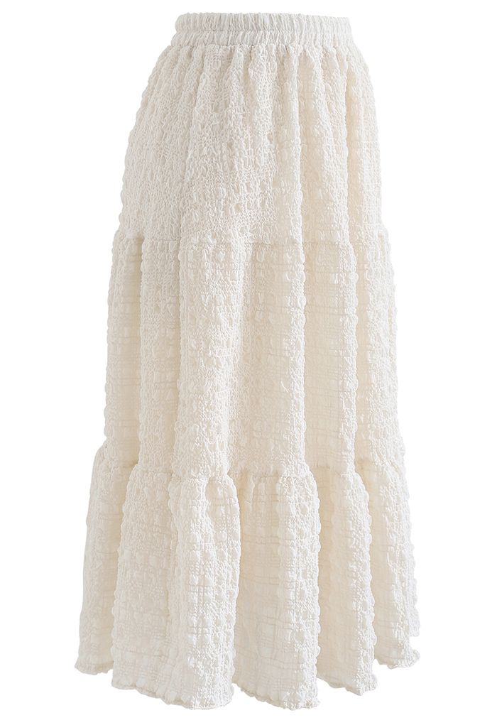 Full of Embossing Frill Hem Midi Skirt in Cream