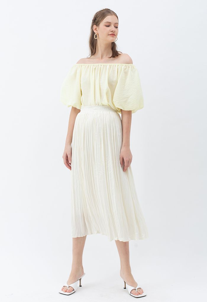 Natural Simplicity Full Pleated Midi Skirt in Cream