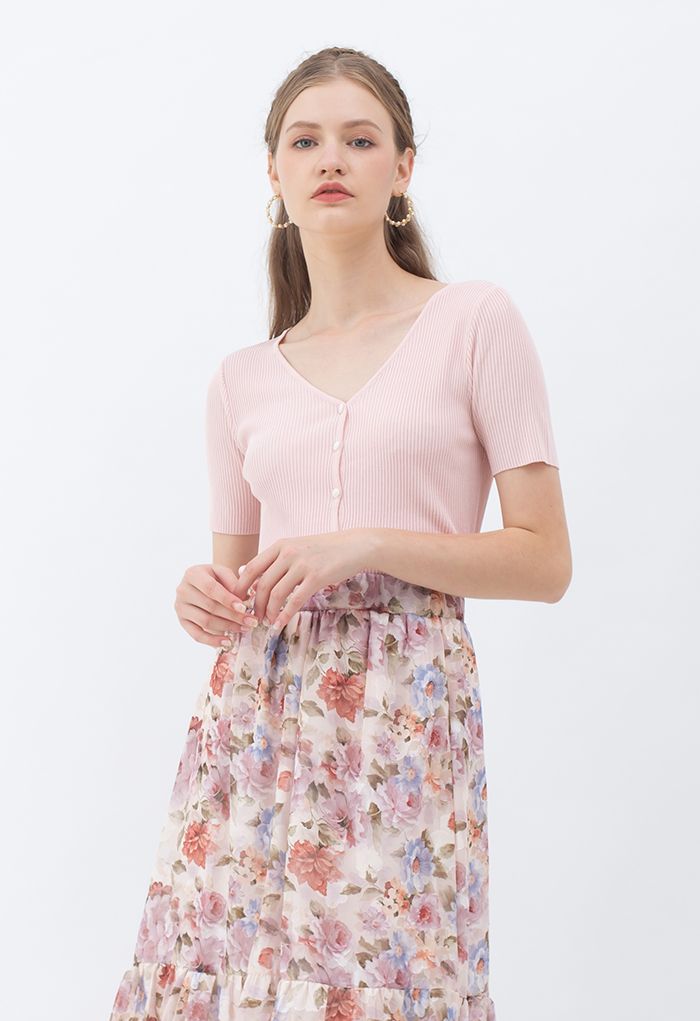 Buttoned V-Neck Short Sleeve Rib Knit Top in Pink