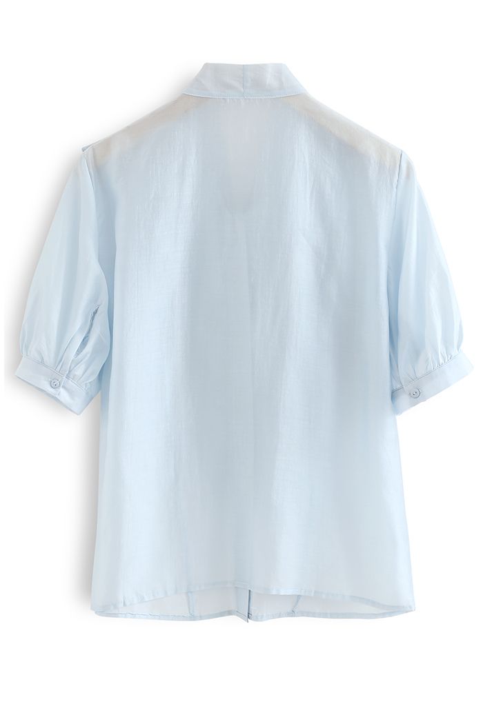 Flowy Ruffle Bow Neck Mid Sleeve Shirt in Blue