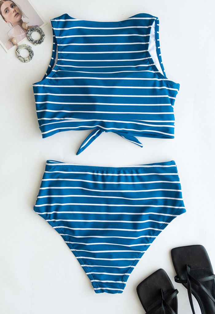 Striped Bowknot High-Waisted Bikini Set