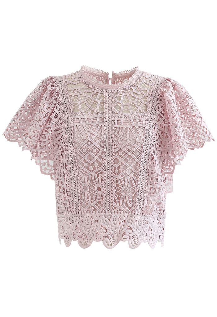 Ruffle Sleeves Full Crochet Crop Top in Dusty Pink - Retro, Indie and ...