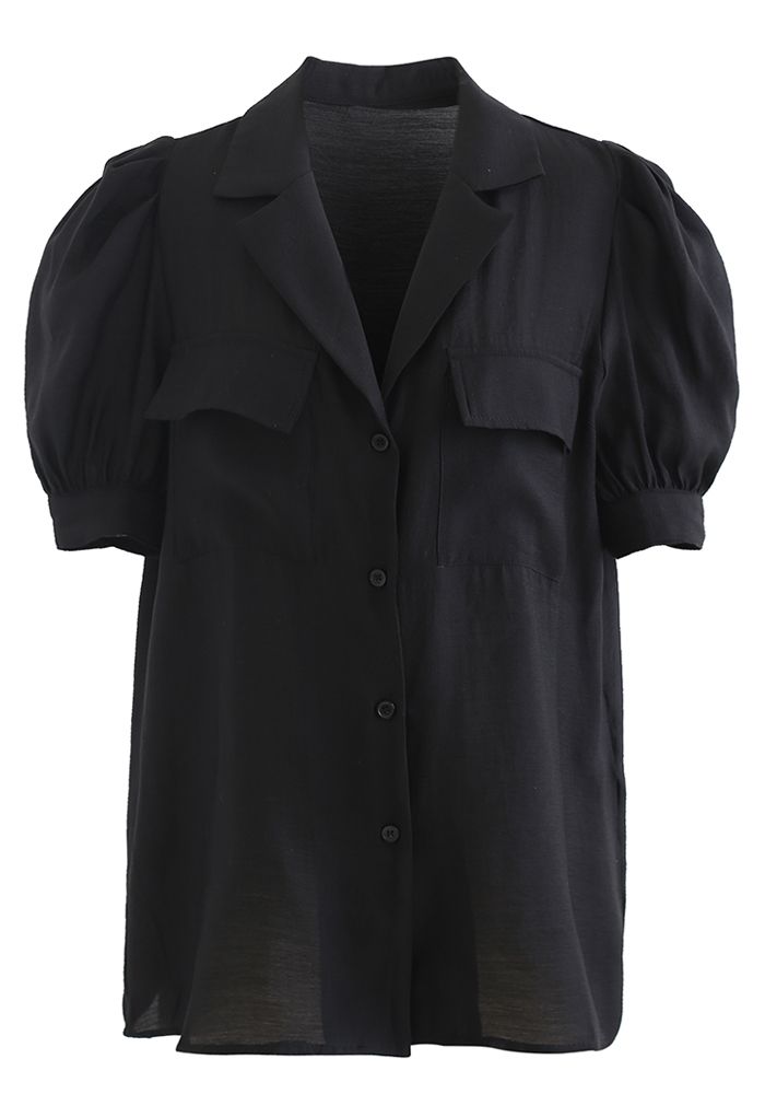 Notch Collar Flap Pocket Buttoned Shirt in Black