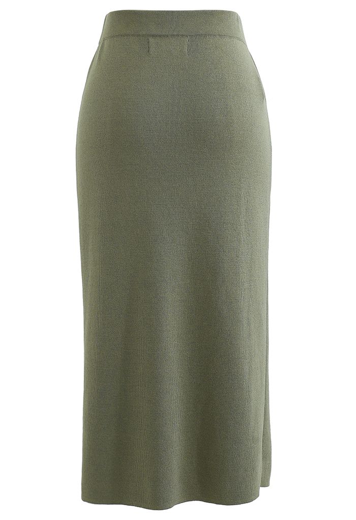 Ruched Front Slit Knit Pencil Skirt in Army Green