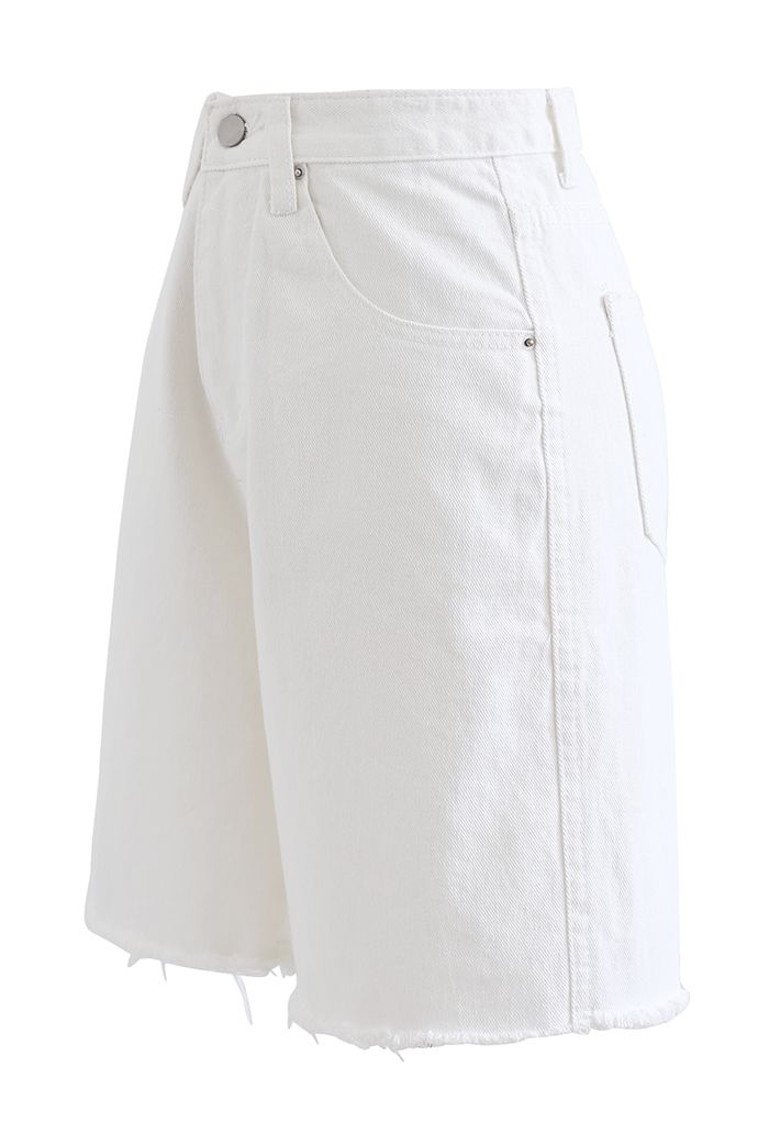 Raw Hem Relaxed Denim Shorts in White
