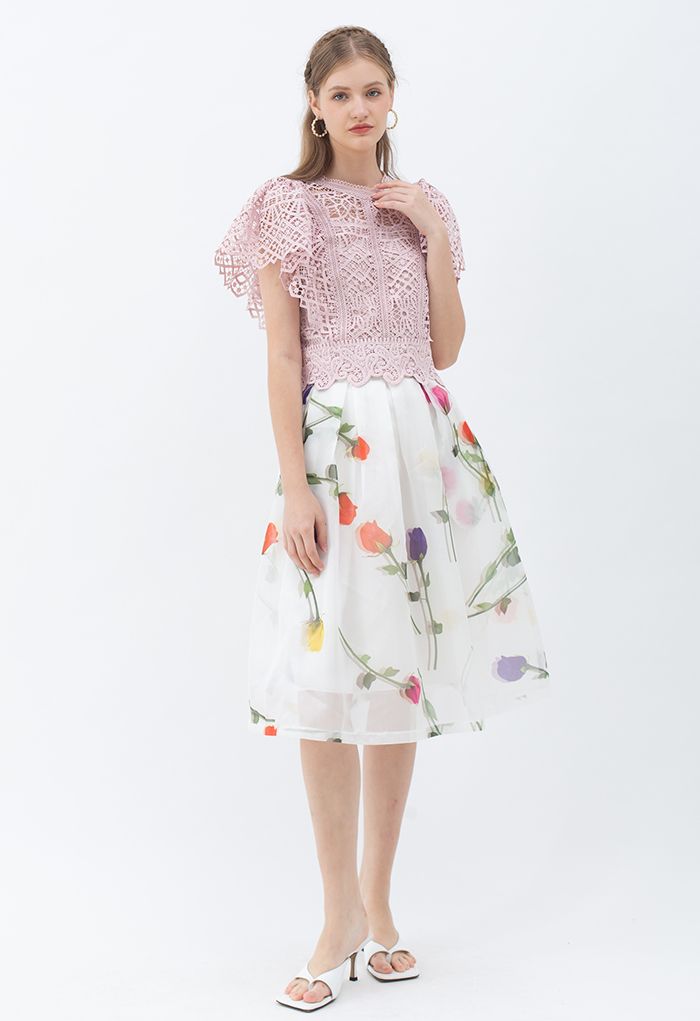 Rose Impression Printed Organza Pleated Midi Skirt