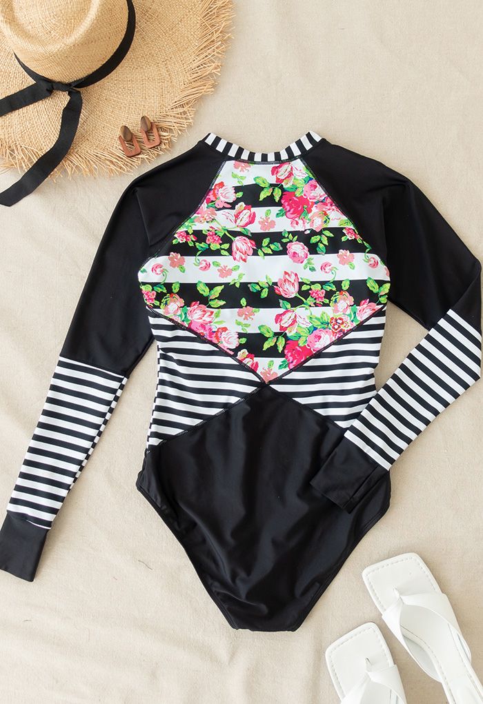 Floral Printed Zip Front Long Sleeve Surf Suit